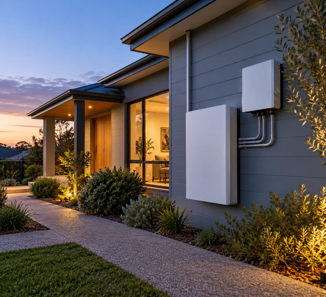 Illustrative residential battery and inverter beside a home